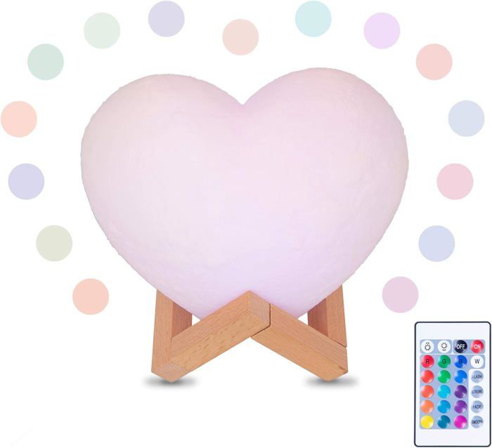 Lampe LED en forme de cœur impression 3D intensité variable 16 couleurs télécommande et interrupteur tactile rechargeable par