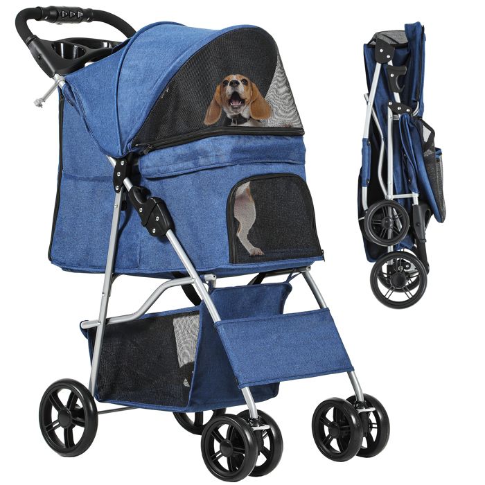 Meilleurs prix pour YITAHOME Poussette pour Chiens Petite et Moyenne Taille - 4 Roues avec Panier - Pliable - avec Porte Gobelet - Bleu Marine