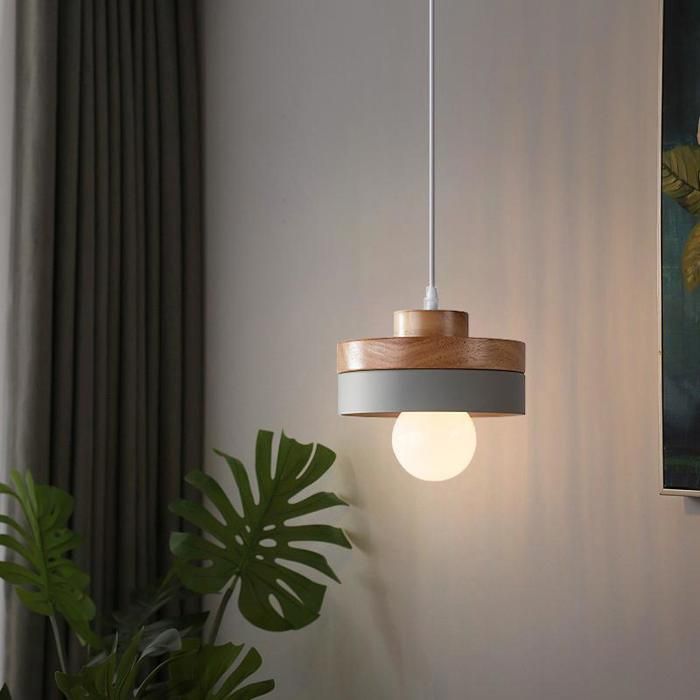 WOTTES Suspension en Bois et Métal - Gris 1pcs - Ø18*10cm - E27 - Design rétro Rond - Éclairage intérieur Lustre Cuisine Salon