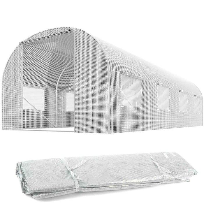 Film pour tunnel de jardin - JANSHOP - 3x45m - 135m2 - Blanc - PE UV4 Proof - 8 fenêtres avec moustiquaire