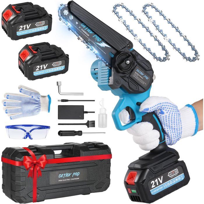 SINPY Mini tronçonneuse électrique sans fil de 15,2 cm avec 2 batteries et 2 chaînes, petite tronçonneuse avec verrouillage de sécurité pour l'élagage des arbres, le jardin, la coupe du bois, cadeau