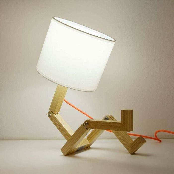 Lampe de table LED en bois robot articulée créative avec abat-jour en tissu blanc pour chambre détude de chevet de jeunes enfants