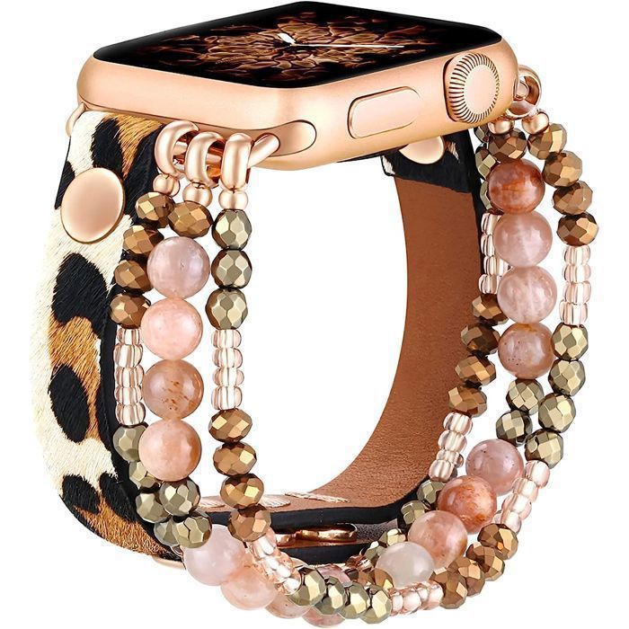 Stravo Bracelet montre perles bohème élastique Apple Watch 40/41/42mm Series 4-12 SE 1-3 – Femme – Léopard