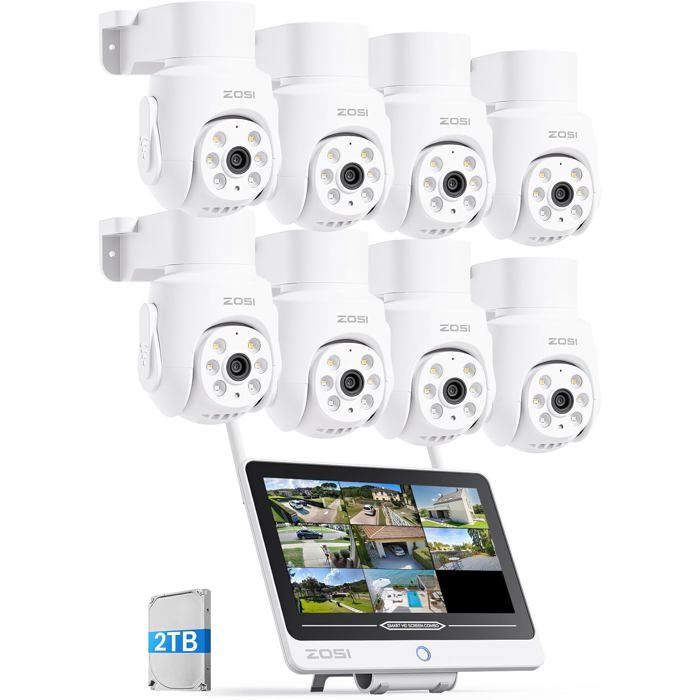 Kit Surveillance ZOSI WiFi6 8 Canaux Avec 4 Caméras 5MP PT Et Moniteur 12'' - Enregistreur 1To, Vision Nocturne
