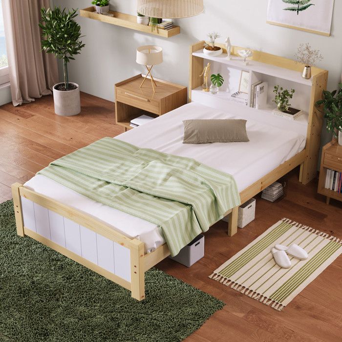 Lit simple en bois massif 90 x 200 cm avec tête de lit Lit enfant avec espace de rangement Lit 1 Personne Naturel et Blanc