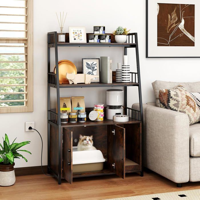 Comparer les prix de Meuble Bac À Litière Pour Chat Avec Étagères Costway, Meuble De Toilettes Caché Pour Chat, Station De Charge, Double Portes, Brun