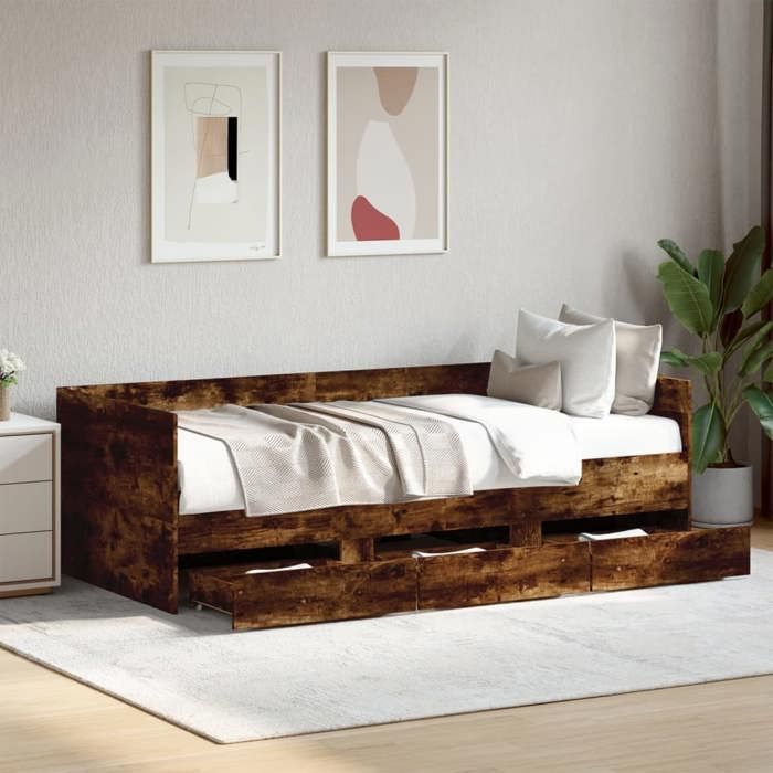 SALE 2025Lit rembourré/Lit de repos/Lit de jour avec tiroirs - Lit 1 personne - chêne fumé - 100x200 cm60 Kg 7915