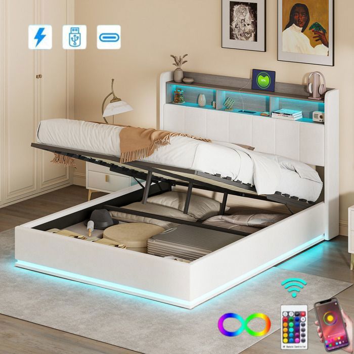 Lit adulte 160x200 cm ADWOLT USB et Type C led Style moderne tissu en velours cadre de lit coffre 160x200cm blanc