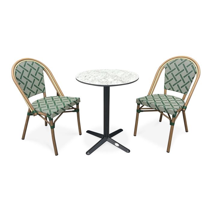 Ensemble repas de jardin 2 places en acier et plateau rond en HPL - Vert - BISTRO Ensemble repas de jardin 2 places en acier et plateau rond en HPL - Vert - BISTRO