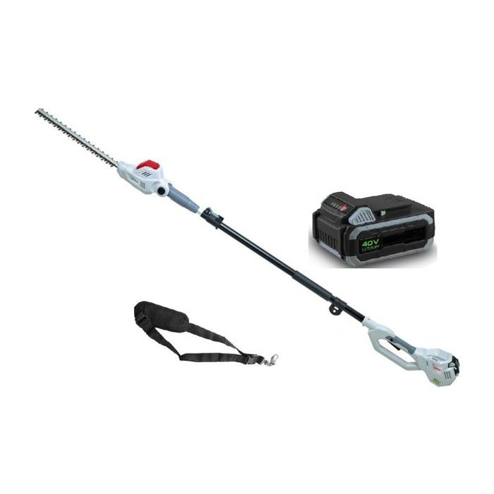 IKRA Taille Haie sur perche t&eacute;lescopique 40V - Lame de 43cm -Batterie Lithium 2,5Ah + Chargeur Led 40V - Sangle d'&eacute;paule 