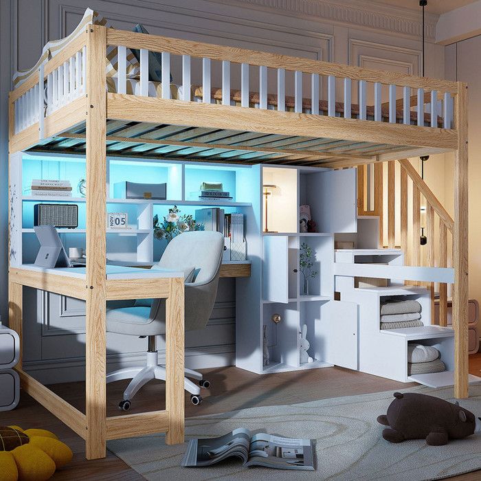 Lit mezzanine - 140x200cm - avec lumières LED - échelle de rangement - étagères - sans matelas - blanc + nature