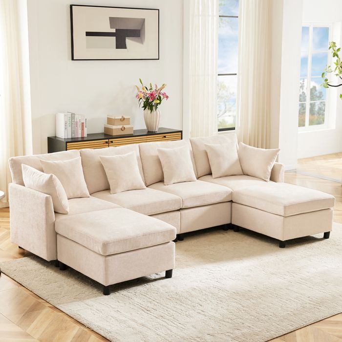 Canapé dangle moderne en L - Avec repose-pieds amovible - 4 places - Beige Canapé dangle moderne en L - Avec repose-pieds amovible - 4 places - Beige