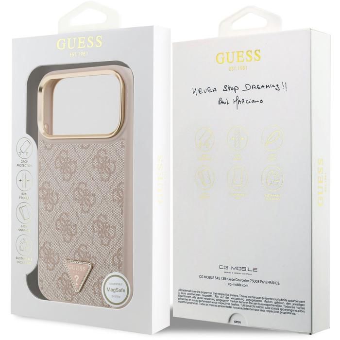 Guess PU Leather 4G Triangle Logo Gold Frame Case with MagSafe for iPhone 17 Pro Max 6.9 Pink