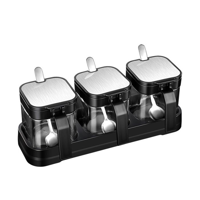 Pots à épices En Verre Avec Cuillères Inox 304 - Lot De 3, Couvercles étanches, Capacité 255 Ml, Pour Sel, Sucre, épices