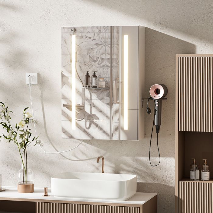 Meuble miroir salle de bain mural LED-Antibuée-3 couleurs éclairage-Étagères réglables-Avec prise-Support pour