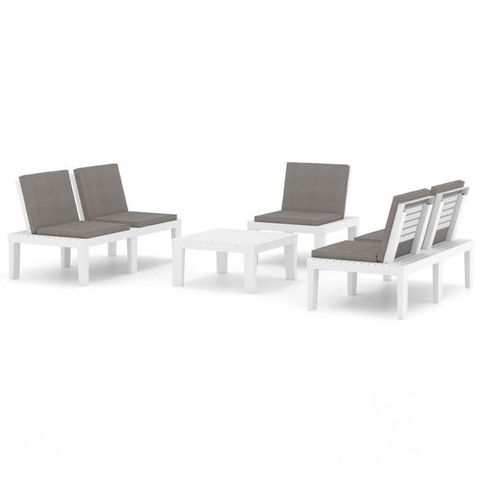 Salon de jardin en plastique - BURKE - 4 pièces - Blanc - Coussins anthracite - 65x65x33 cm table - 130x65x70 cm banc