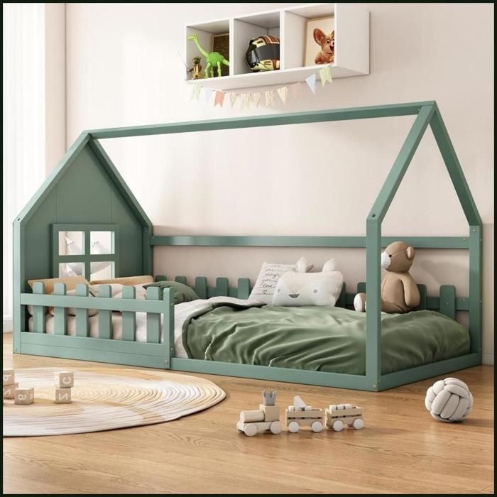 Lit Enfant en Forme de Maison - Vert - 90x200 cm - Structure Pin/MDF