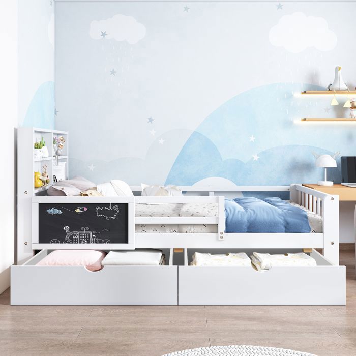 Lit enfant Maisentiel 90x200 cm bois massif blanc avec tiroirs et tableau barrière de sécurité et sommier inclus