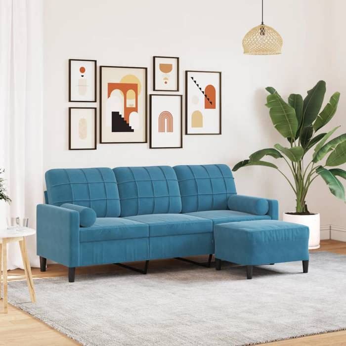 NEW 2026 Canapé moderne - Design ergonomique - pour salon - à 3 places avec repose-pieds Bleu 180 cm Velours L2397