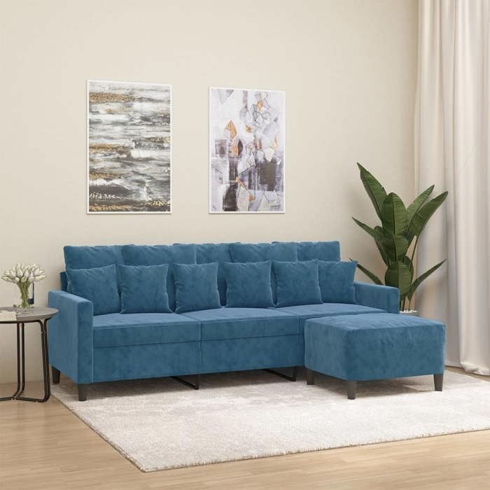 NEW 2026 Canapé moderne - Design ergonomique - pour salon - à 3 places avec repose-pieds Bleu 180 cm Velours L2197