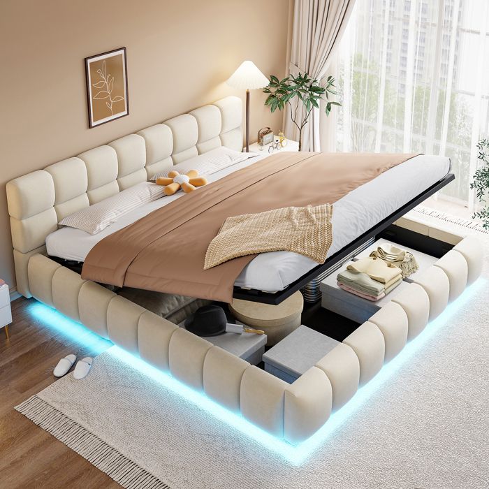 Lit coffre capitonné 180x200 cm - MODERNLUXE - Éclairage LED - Tissu velours - Beige (sans matelas)