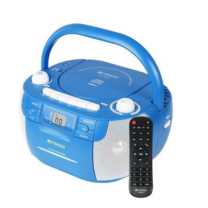 Retekess TR621P Boombox Poste Radio CD sans fil Bluetooth Lecteur Cassette Audio Radio FM/AM Prise en Charge USB/TF/Casque bleu