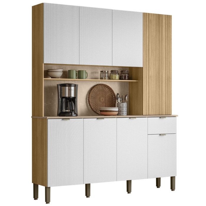 Buffet 8 Portes 1 Tiroir 18 Niches Ch&ecirc;ne Et Blanc Gaufr&eacute; L 161 H 200 P 38.8 Cm