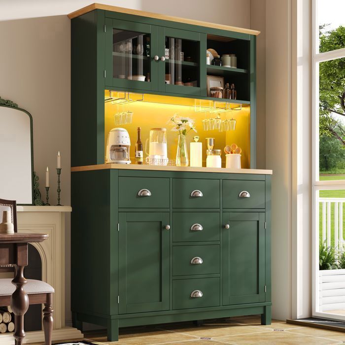Buffet Haut - avec LED 4 Portes 6 Tiroirs - Armoire de Cuisine 104x40x180 cm - Style Campagne - Vert et Effet Bois