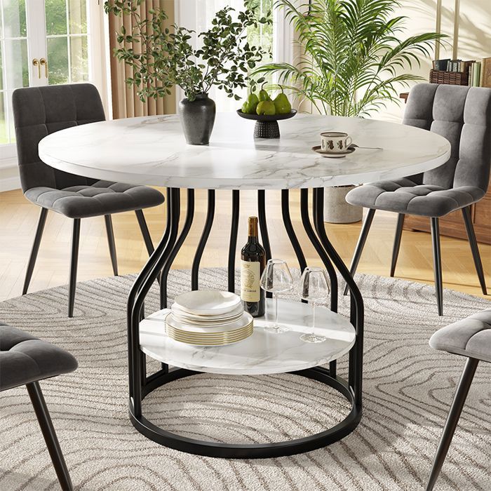 Table à Manger Ronde 80x80x76 cm pour 4 Personnes avec Plateau Effet Marbre Rangement Inférieur et Pieds Réglables - Noir