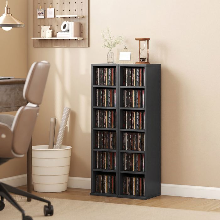 Lot de 2 étagères colonnes armoire de rangement CD-DVD 12 compartiments 21 x 225 x 885 cm capacité 204 CD noir