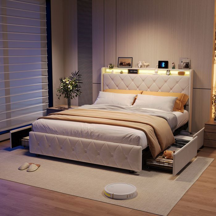 Lit 160x200 cm - Design Velours Chic - Tête Rangement Pratique - 4 Tiroirs Optimisés - Structure Solide - Sans Matelas
