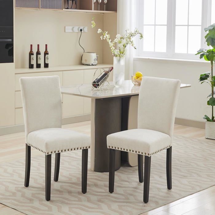 CHAISE-Lot de 2 chaises de salle à manger chaises de cuisine finition clous décoratifs pieds en bois beige