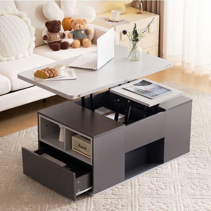 Table basse relevable grise 2-en-1 avec rangements et plateaux modulables