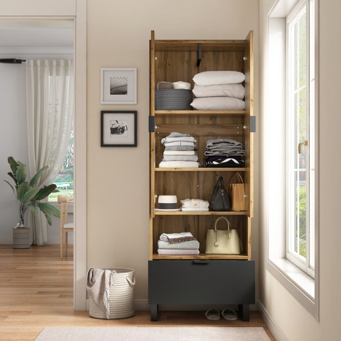 Armoire penderie avec étagères réglables tiroir et rangement à chaussures