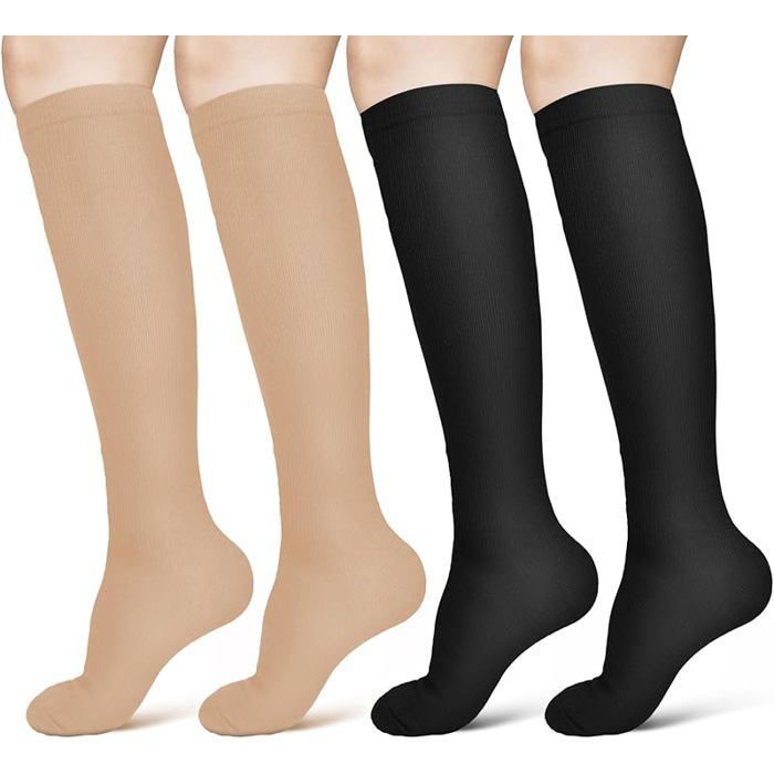 Chaussettes de Compression 2 Paires 15-20 mmHg Bas de Contention pour Femmes et Hommes S/M Noir + Couleur de Peau