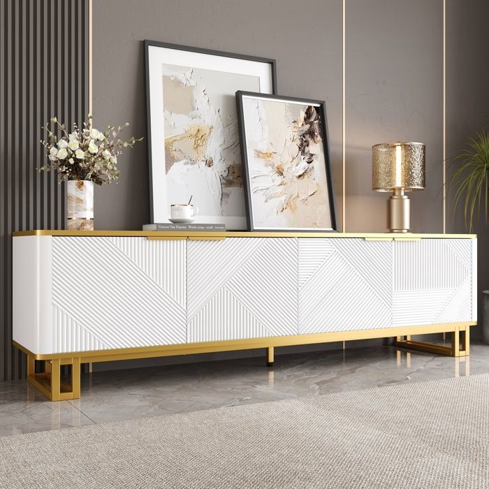 Meuble TV élégant de 160x37 5x48cm texture géométrique moderne avec 4 portes meuble TV bas design unique pour le salon blanc