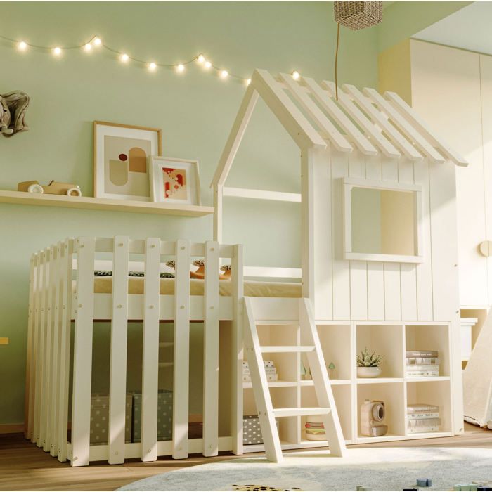 Lit mezzanine enfant 90 × 200 cm cabane avec toit fenêtre et rangement - TCQPZ - sans matelas bois massif blanc