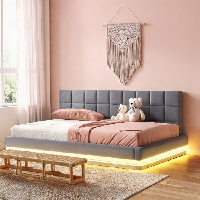 Canapé-lit convertible en lin avec LED USB et lattes 160x200 cm gris