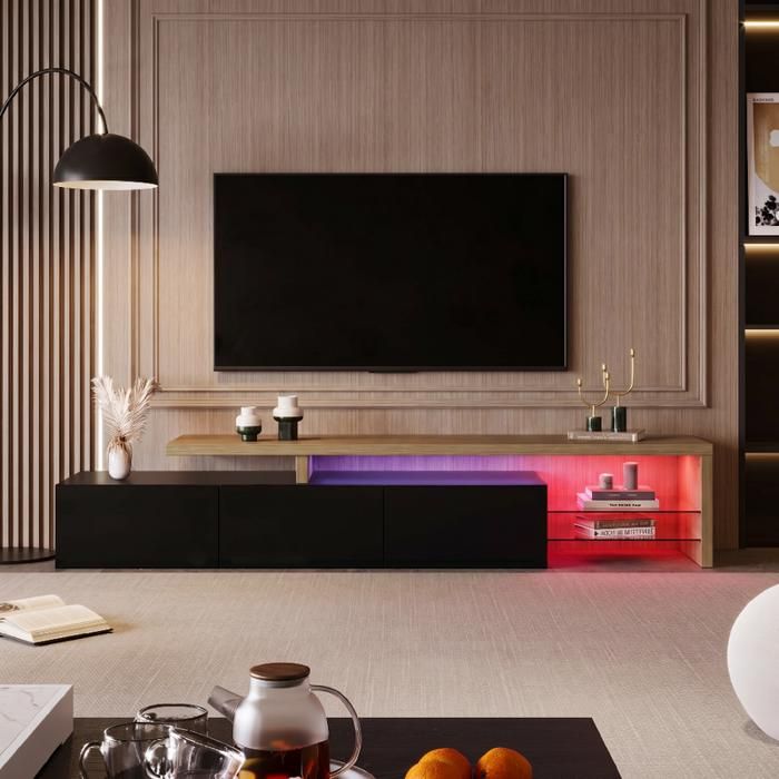Meuble TV design 200 cm suspendu noir laqué & bois clair LED RGB asymétrique – Meuble TV italian luxury minimaliste