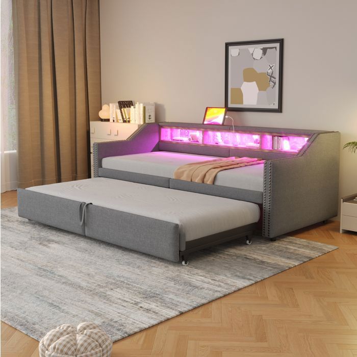 Lit gigogne rembourré 90/180 x 200 cm avec LED et prise USB coffre sommier à lattes 2 matelas ressorts gris