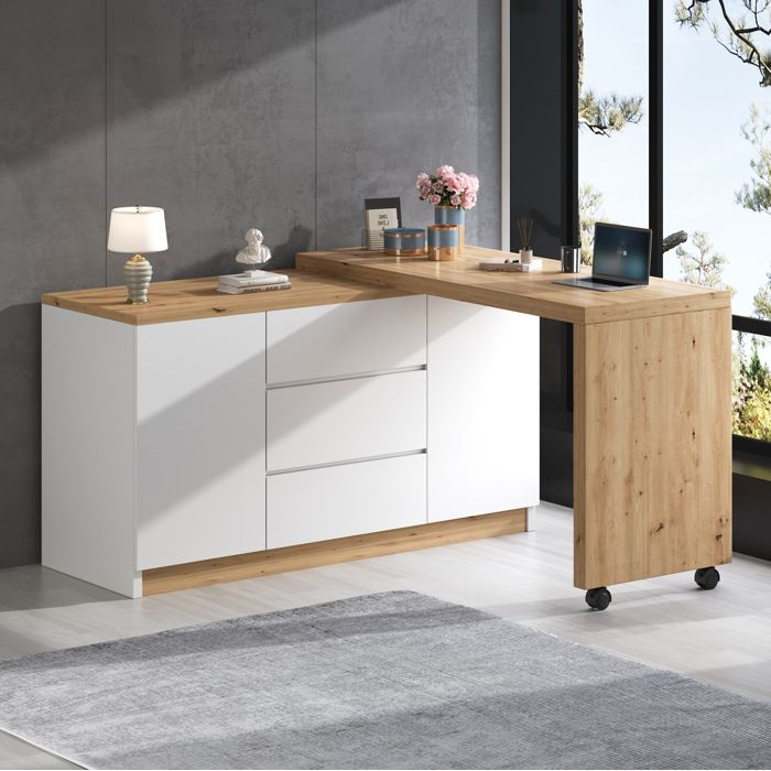 HOMVRA Bureau secrétaire pivotant et pliable 120x50x76 5 cm 2 portes 3 tiroirs blanc et chêne
