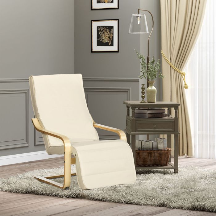 Fauteuil relax - HOMCOM - tissu blanc crème - repose-pieds 5 positions - structure bois de bouleau