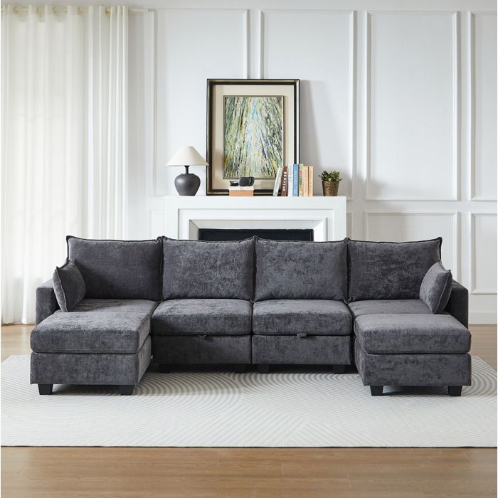 Canapé modulable 6 places en chenille grise convertible L/U avec rangement