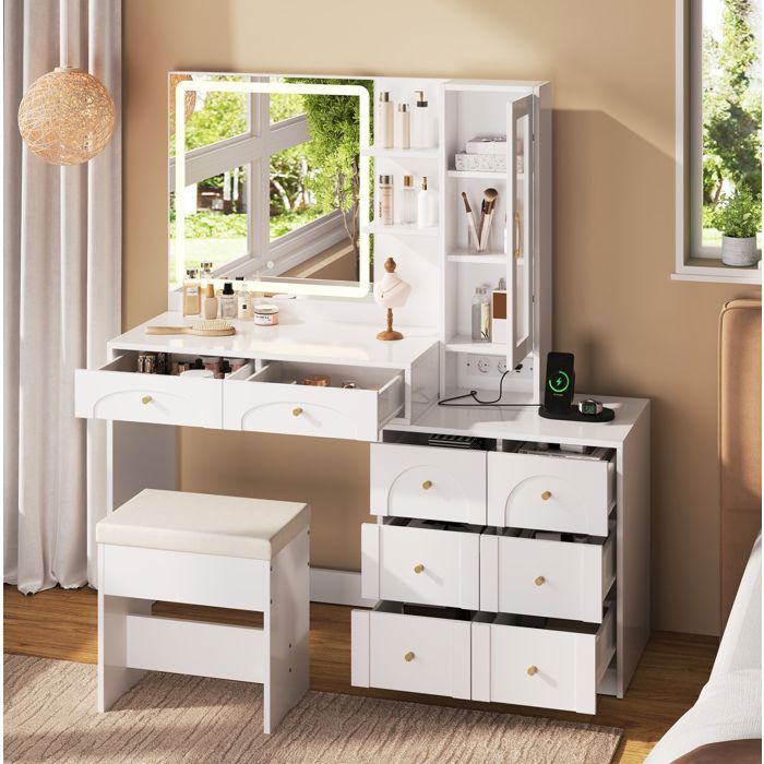 DESVIAE Coiffeuse avec miroir LED 131 5 x 40 x 140 cm 8 tiroirs armoire vitrée tabouret blanc