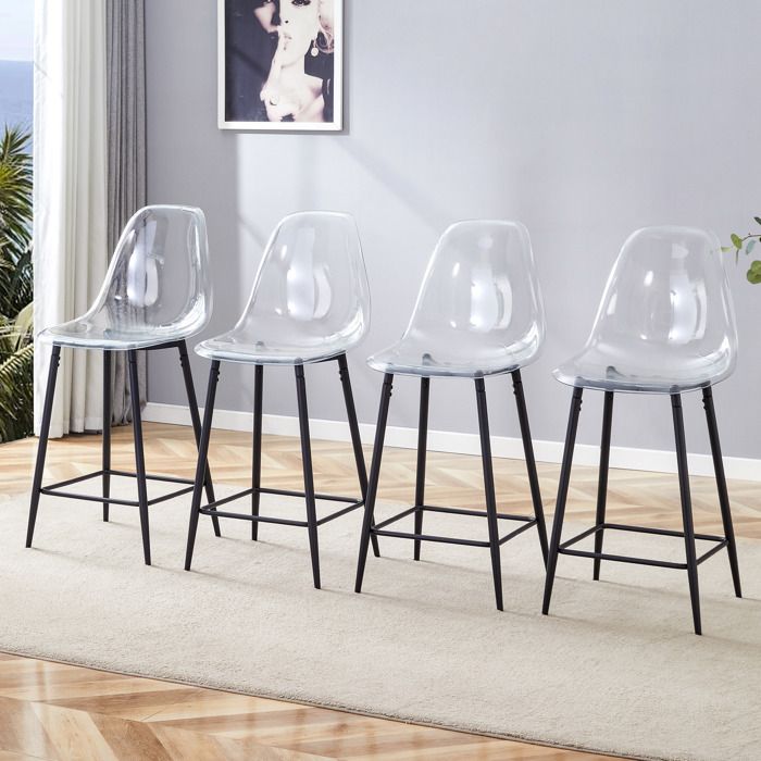Tabourets de bar transparents - Pack de 4 - Design moderne - Cadre métallique noir - Siège transparent - Hauteur 102 cm