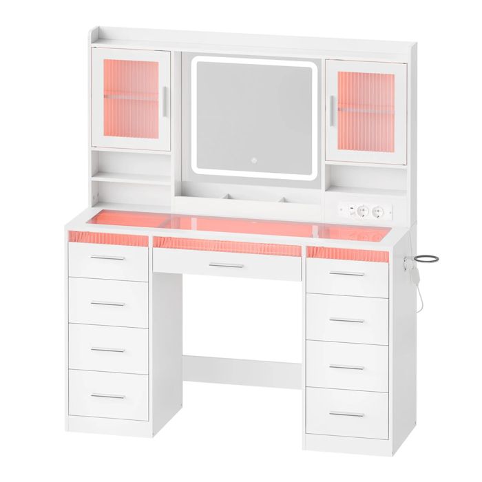 Coiffeuse moderne avec plateau en verre trempé étagères ouvertes et 9 tiroirs blanche Coiffeuse moderne avec plateau en verre trempé étagères ouvertes et 9 tiroirs blanche