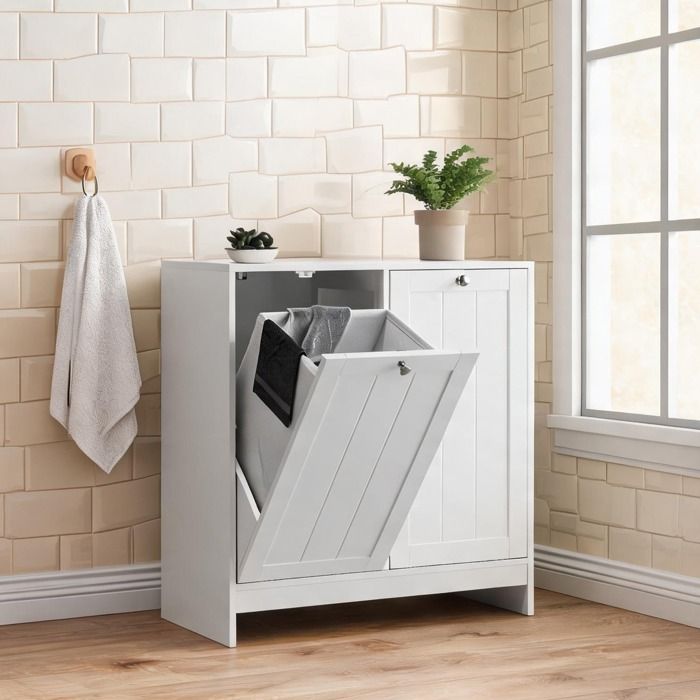 Armoire de tri à linge basculante avec paniers amovibles finition blanche MDF et panneaux de particules 68 x 66 x 33 cm