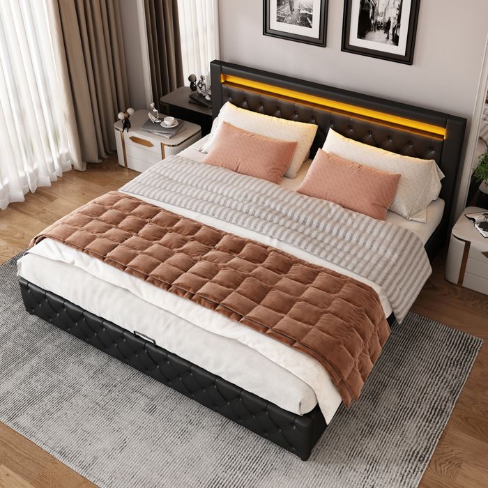 VEVXYN lit adulte capitonné coffre rangement 140 x 190 cm en PU noir avec sommier à lattes LED intégrée 2 places