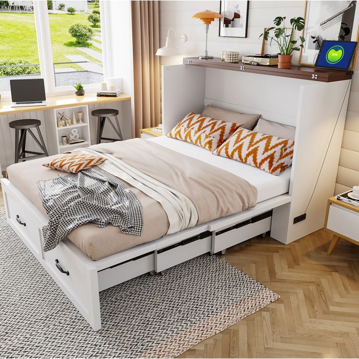 Lit escamotable 2 Places 140 × 200 cm rangement et prise - MODENVIE - roulettes silencieuses sans matelas blanc