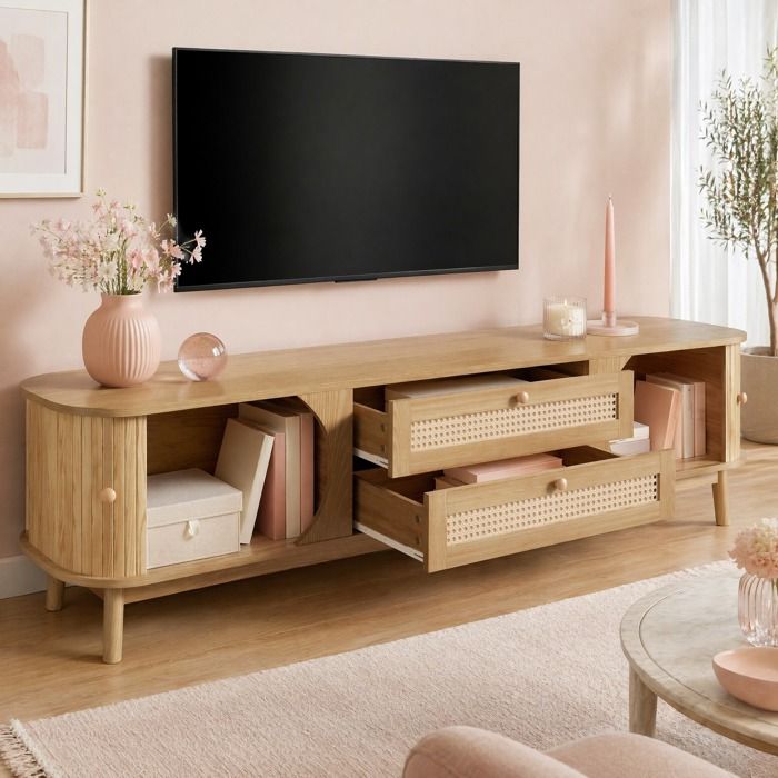 VEVXYN meuble TV bois naturel rotin tressé 2 portes 2 tiroirs pieds en bois style campagne rangement salon 170 cm
